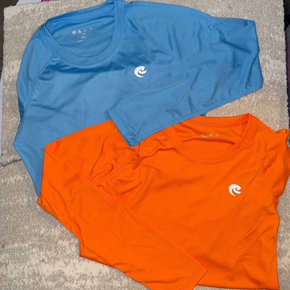 Lot of 2 Kids Performance Sun Shirts Long Sleeve Rash Guard Orange Blue XL 14/16